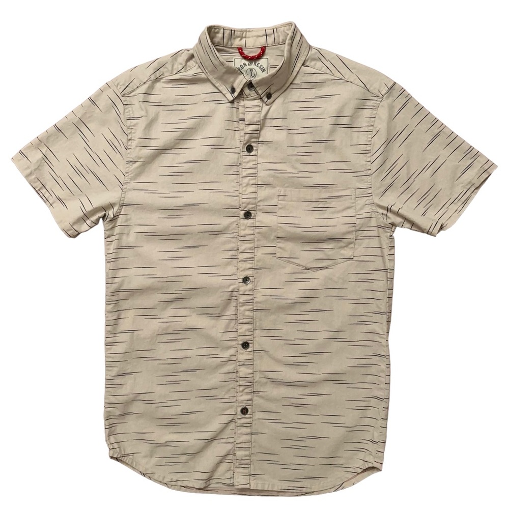 Iron & Resin Short Sleeve Button Down Shirt Beige Striped Mens Size S